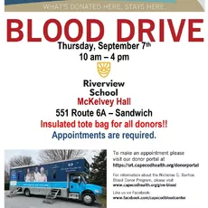 Join us, along with Cape Cod Healthcare as we host a blood drive on Thursday September 7th from 10am - 4pm on the Riverview School campus in East Sandwich. Appointments are required and every donation collected stays on Cape Cod to help our community. ⁠
⁠
Make an appointment at the link in bio!