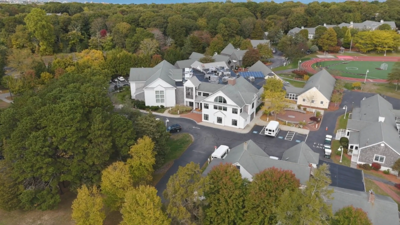 A sky view of the main building at Riverview School.