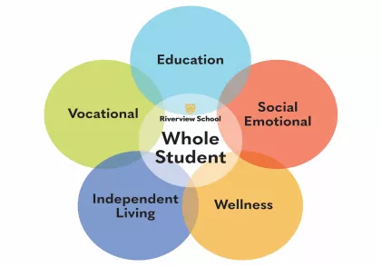 A Venn diagram with overlapping circles featuring education, social emotional, wellness, independent living, vocational and Riverview School Whole Student in the center.