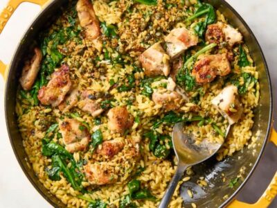 Paprika Chicken with Lemon Spinach Orzo